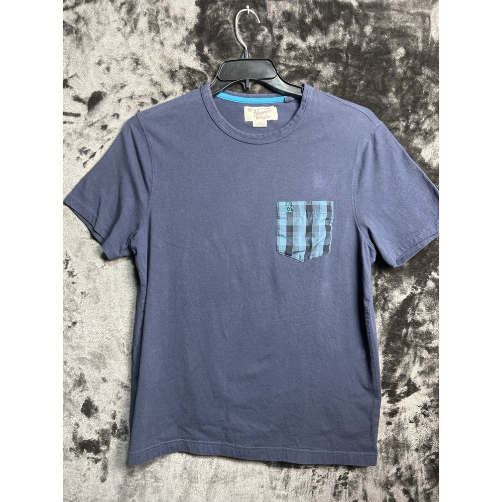 Original Penguin Plaid Pocket Tee Men's Large‎ Blue Casual Shirt Preppy
